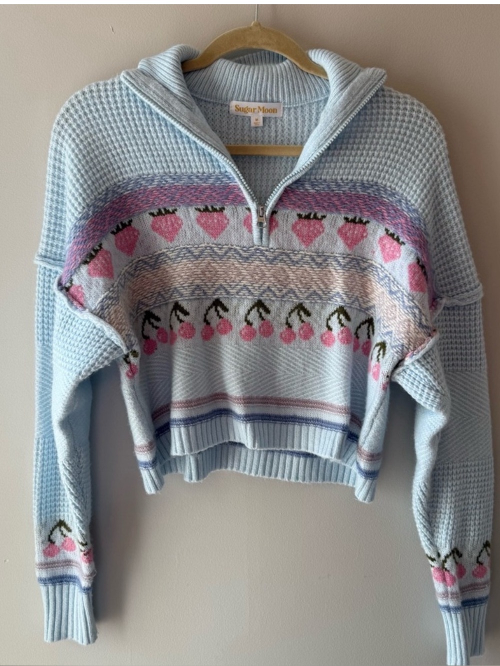 Light Blue Cropped Cowl Sweater with Pink Motif
